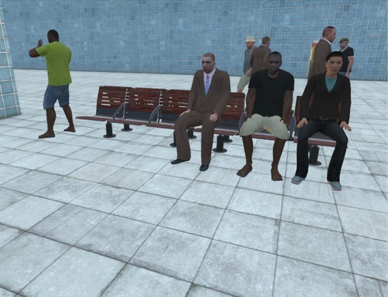 Artificial intelligence pattern of life behaviors include waiting on a bench in VBS3 virtual simulation