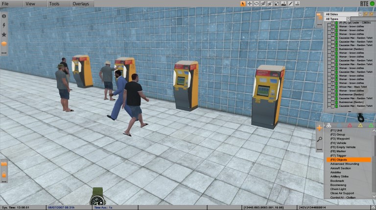 Artificial intelligence civilian pattern of life behaviors in VBS3 include lining up to buy tickets