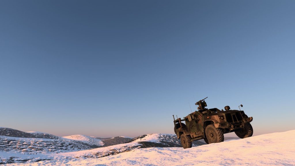 Shown in the Alps of Lyngen, a JLTV with remote weapon station is ready for virtual training anywhere in the world in the VBS4 virtual environment.